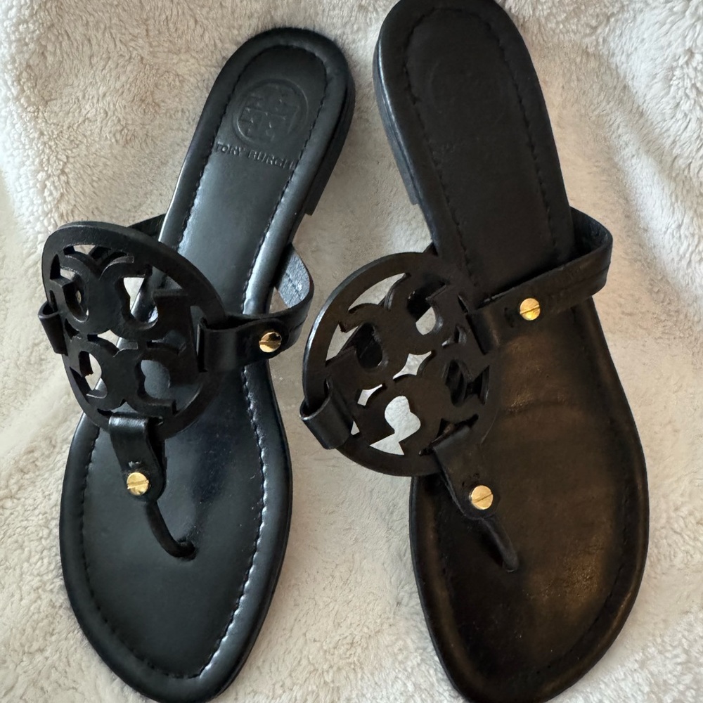 Tory Burch Black Sandals with Medallion Design